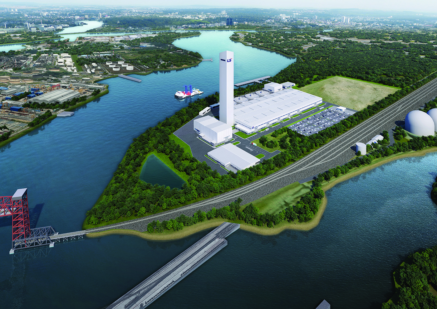 A rendering of a manufacturing facility with a tall tower