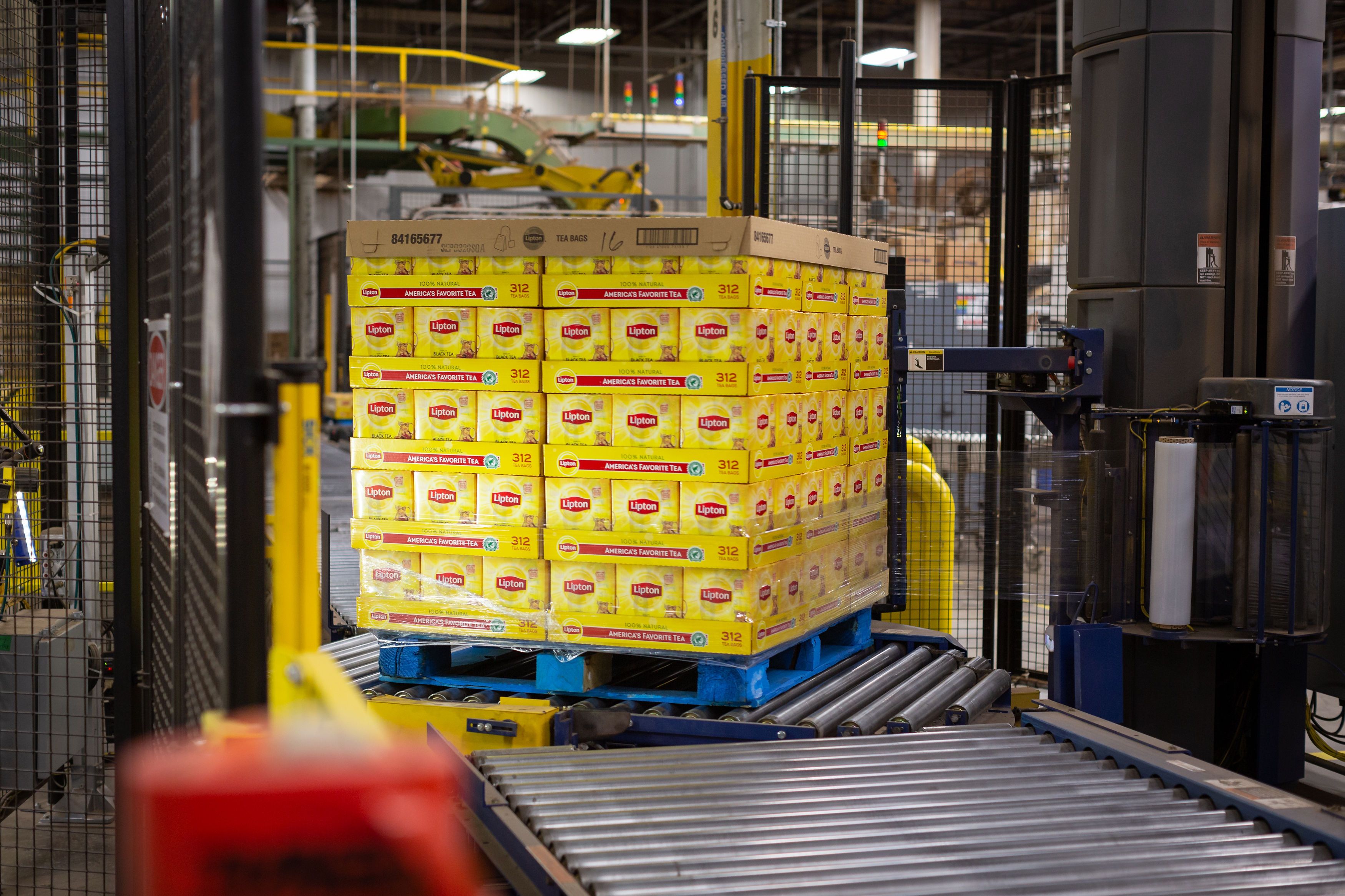 Boxes of tea on pallet at Lipton