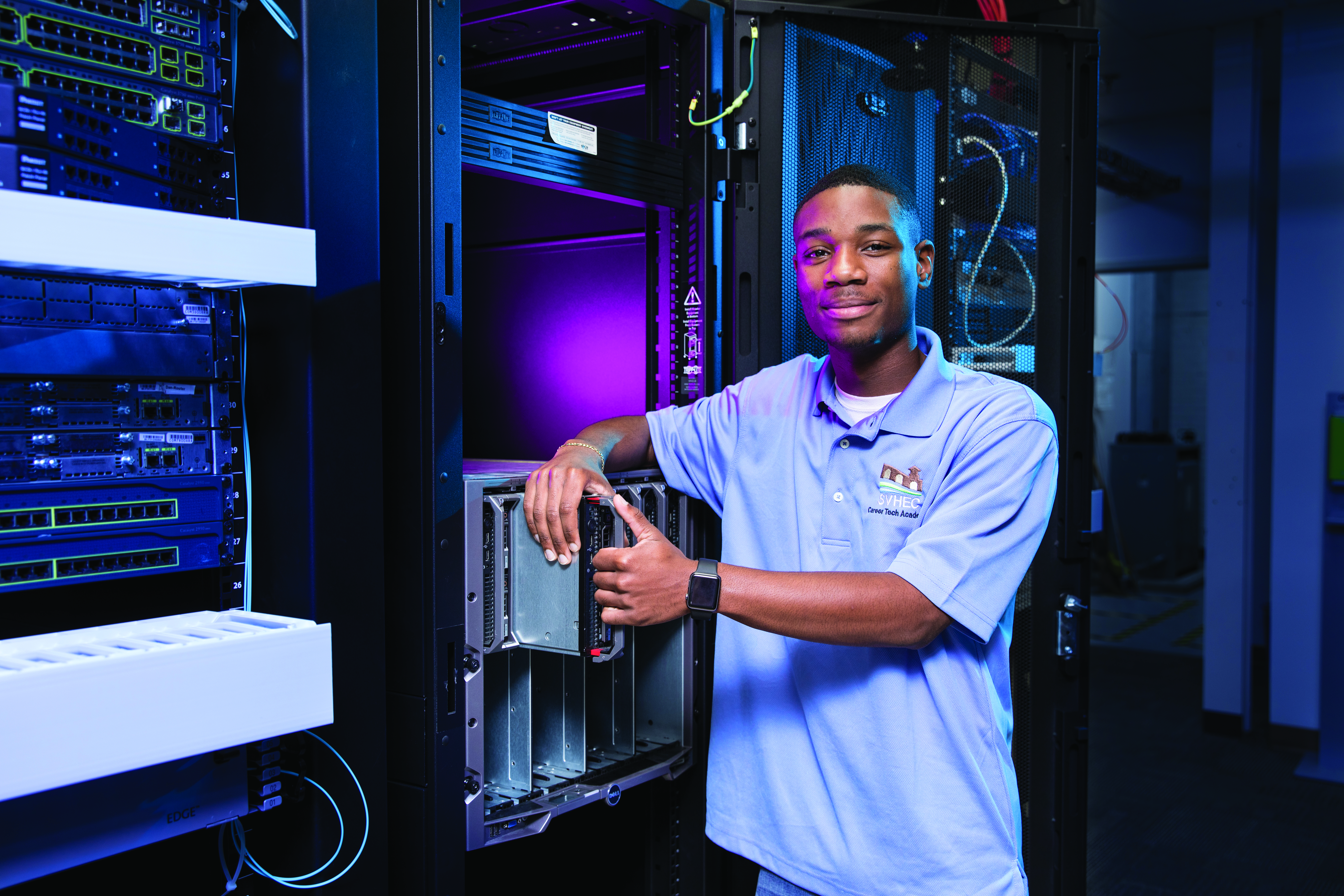A student working in a data center
