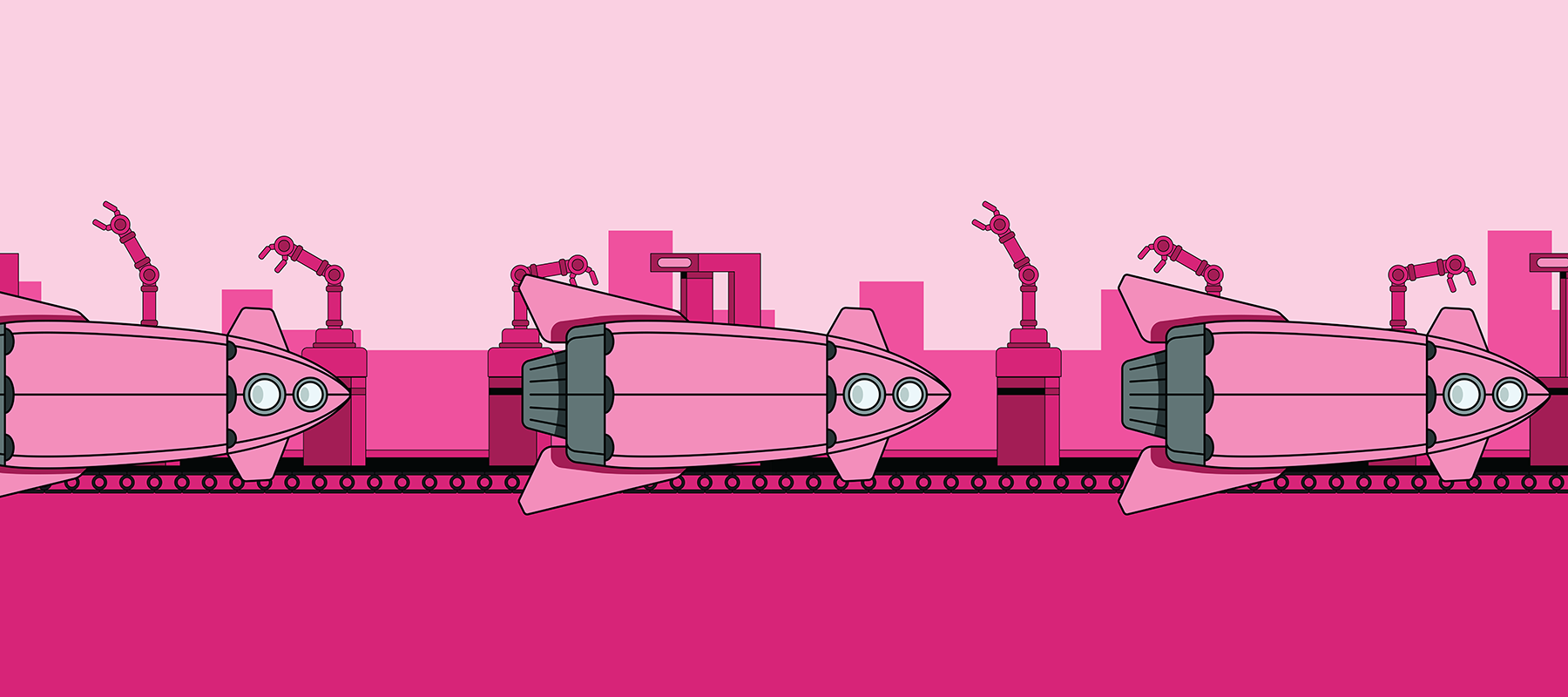 Graphic design of pink rockets laying horizontally on a pink background.