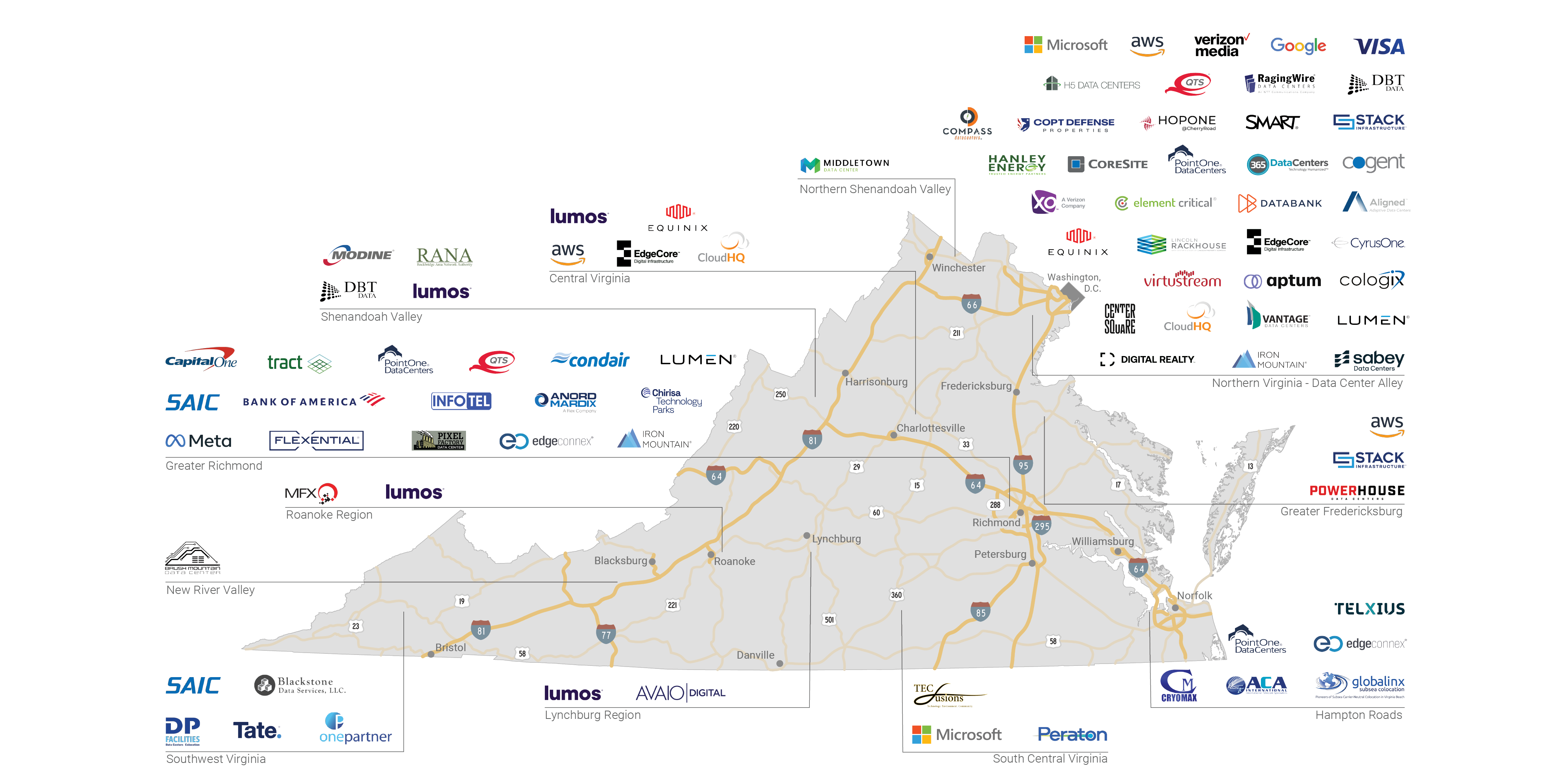 Large map of Virginia highlighting the locations of all Data Center companies 