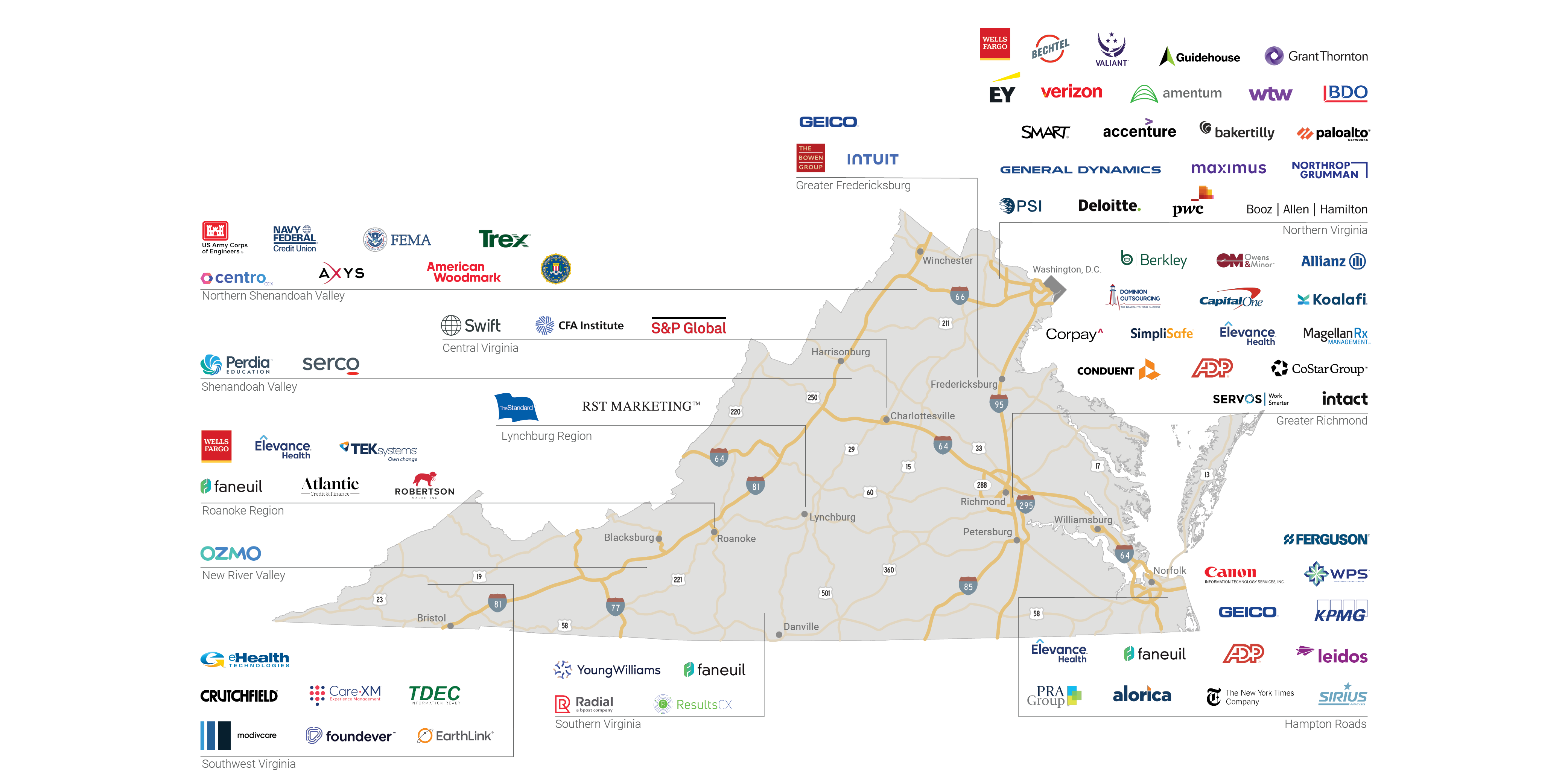 Logo Map of Virginia highlighting all BPS companies 