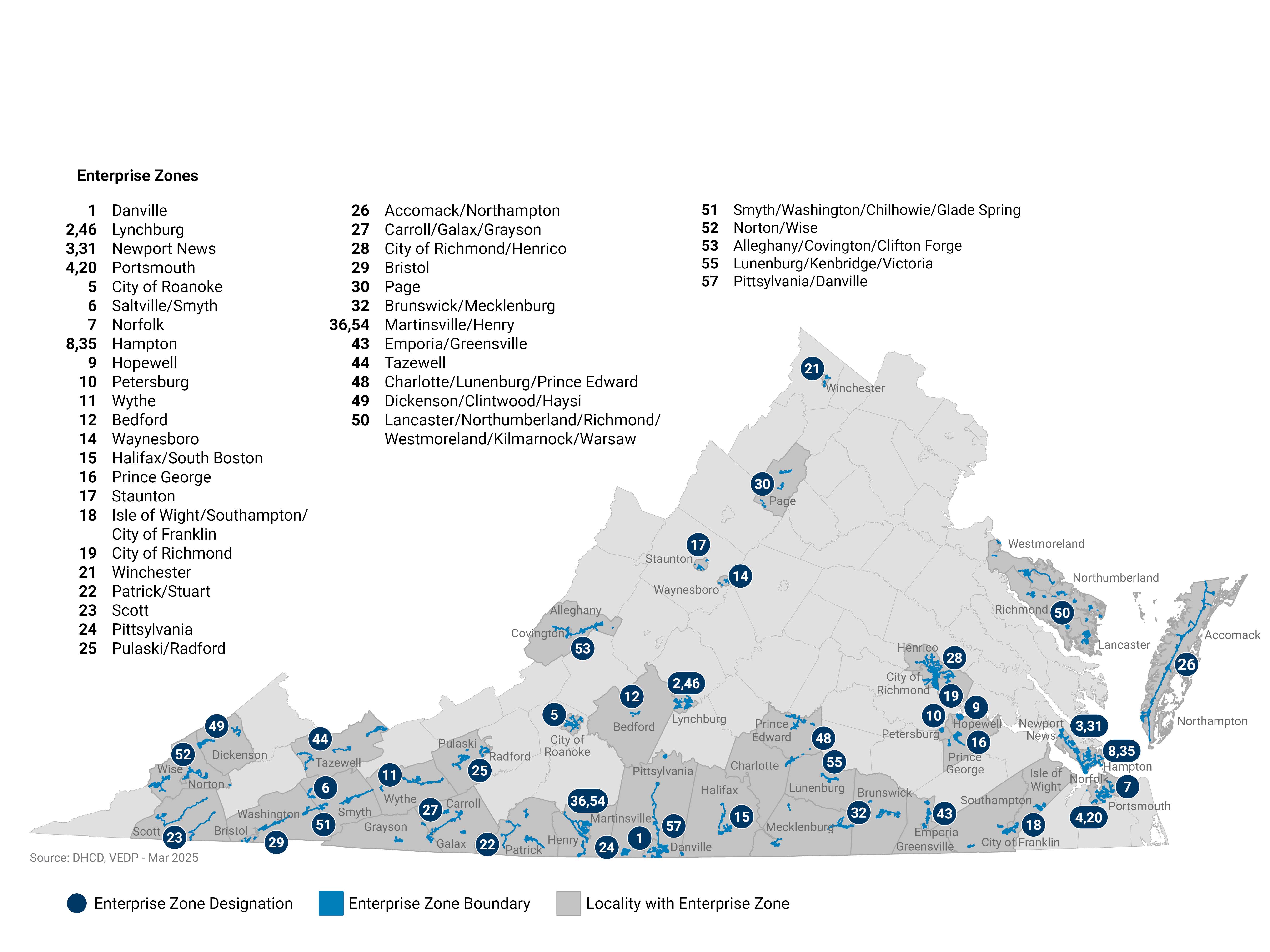 Map of Virginia with Enterprise Zones and each county