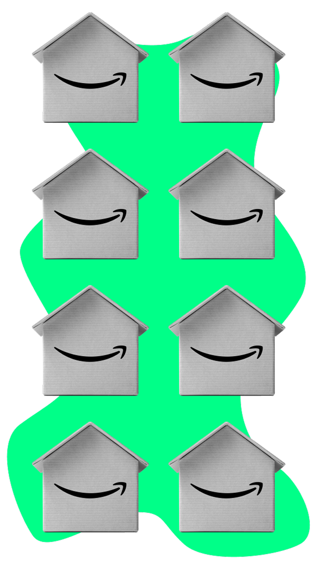 Eight homes in two rows, each home has the Amazon logo on the side