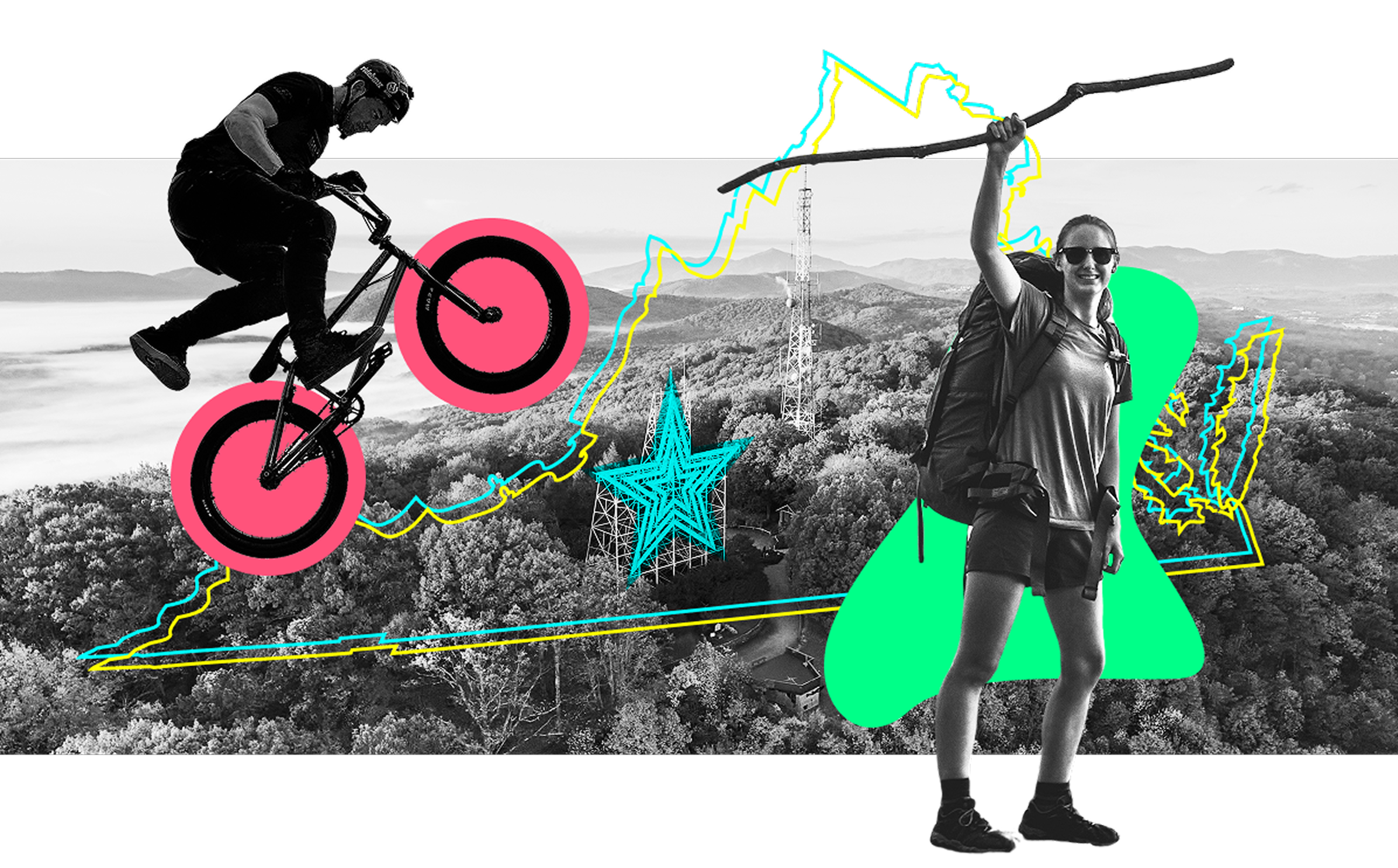 A collection of photographs show a cyclist, hiker and the Roanoke Star with an outline of Virginia included