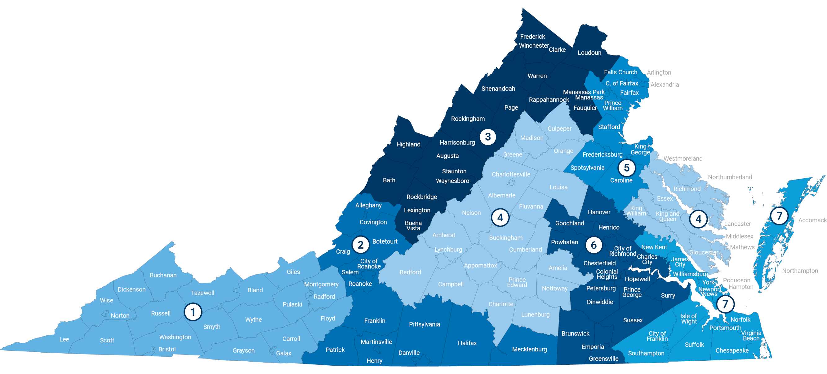 Map of RTSBO's regions in Virginia