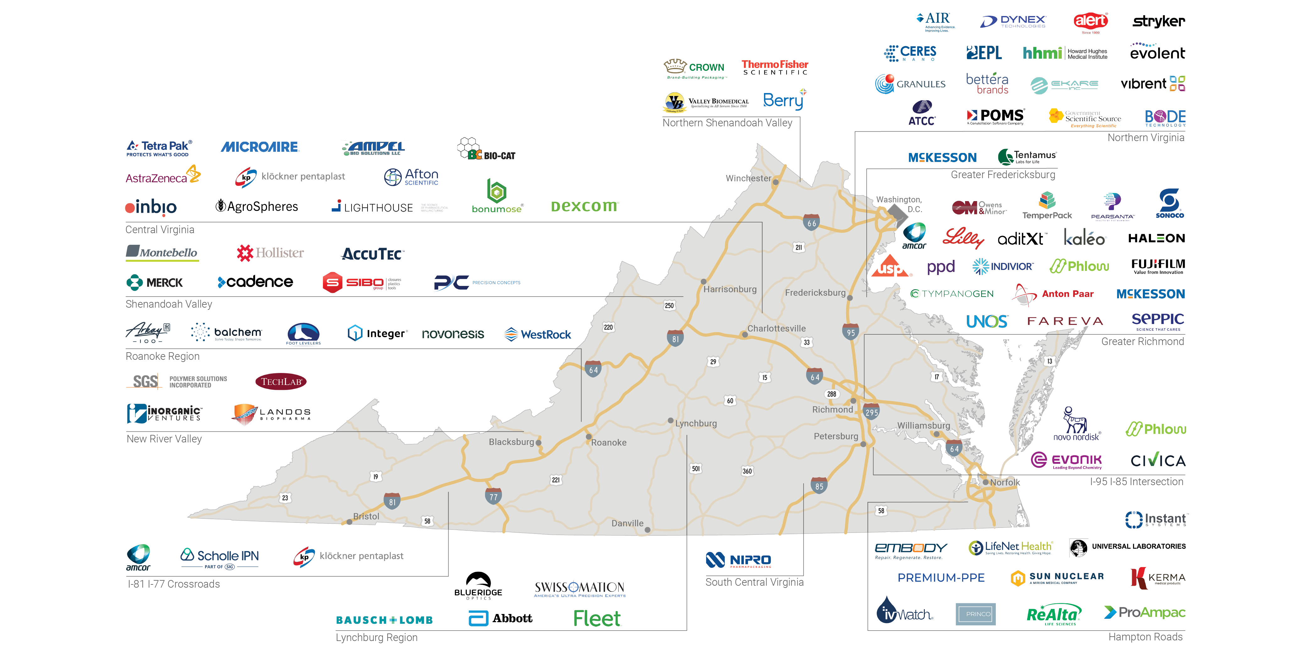 Map of Virginia showing Life Sciences company logos