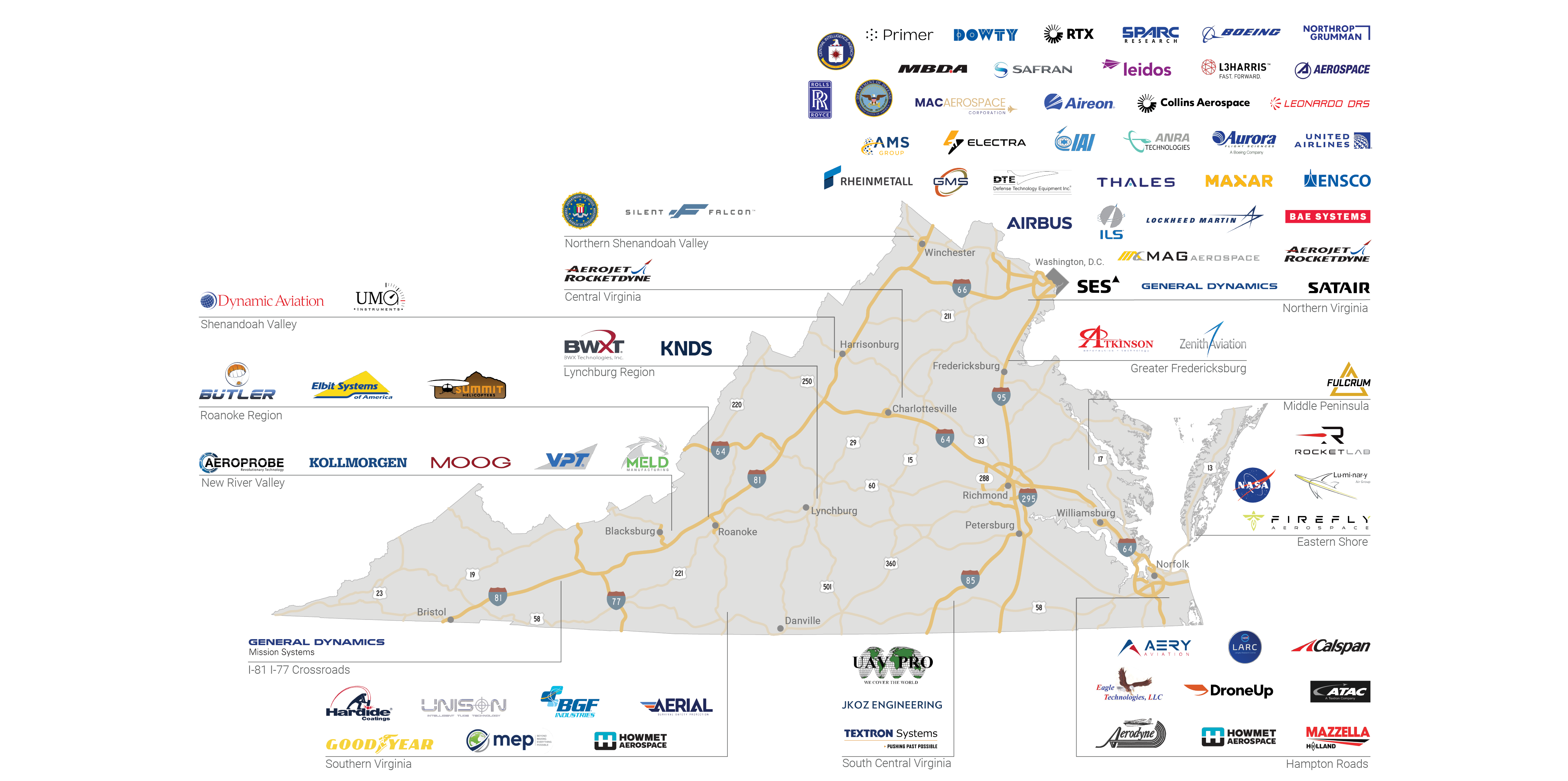 Aerospace companies location map 