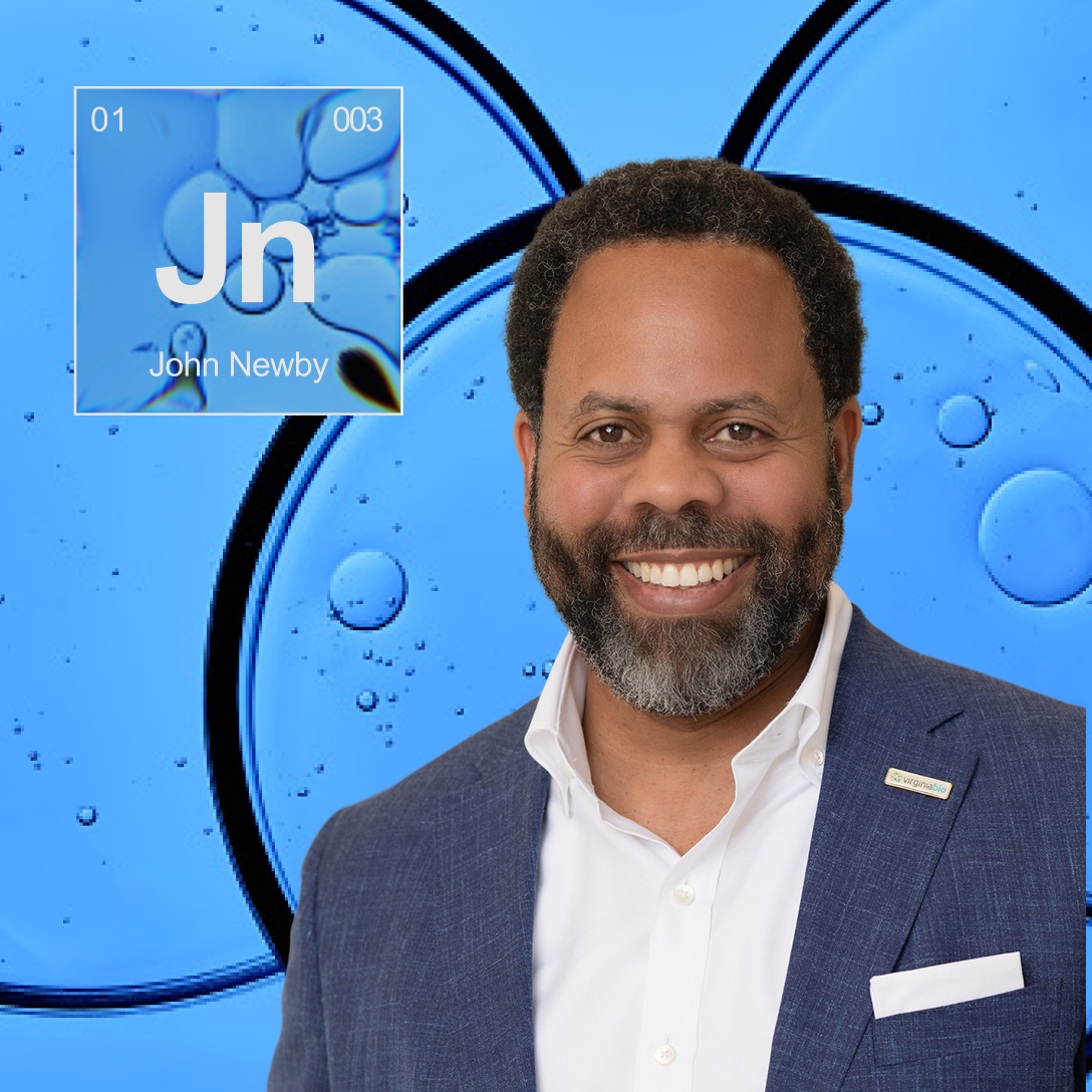 John Newby headshot with molecule background. 
