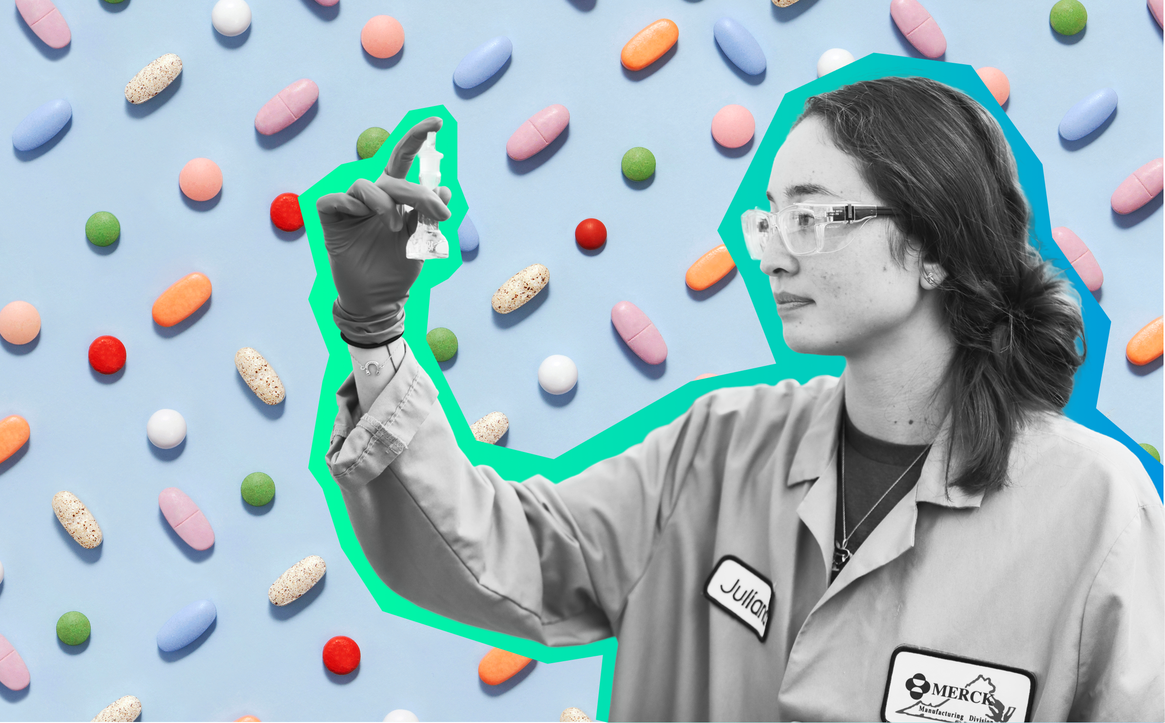 Scientist looking at vial with pill background. 