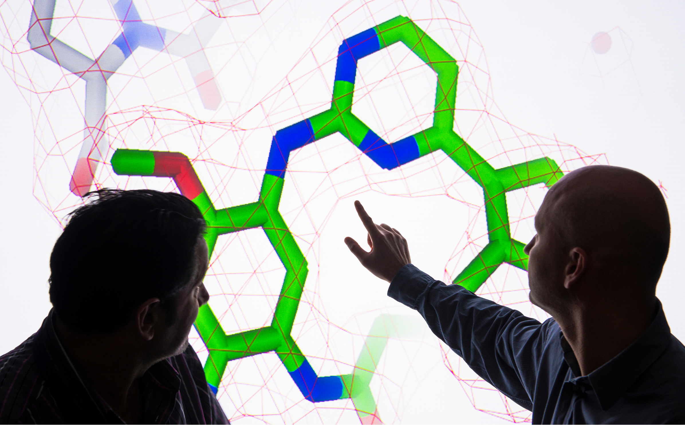 Two people looking at a digital molecule design.