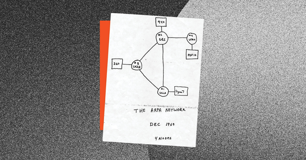 Early schematics of the ARPANET computer network, which was developed at the Defense Advanced Research Projects Agency in Arlington County.