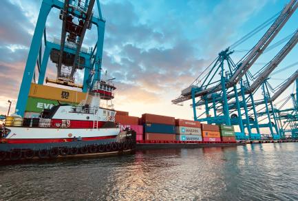 A ship docket at a container port