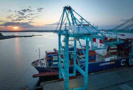 A container ship docket in front of a crane