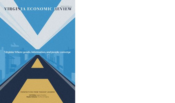 An illustration shows the pattern of a road - with yellow paint in the middle - and the tails of airplane exhaust. The two shapes make "VA."