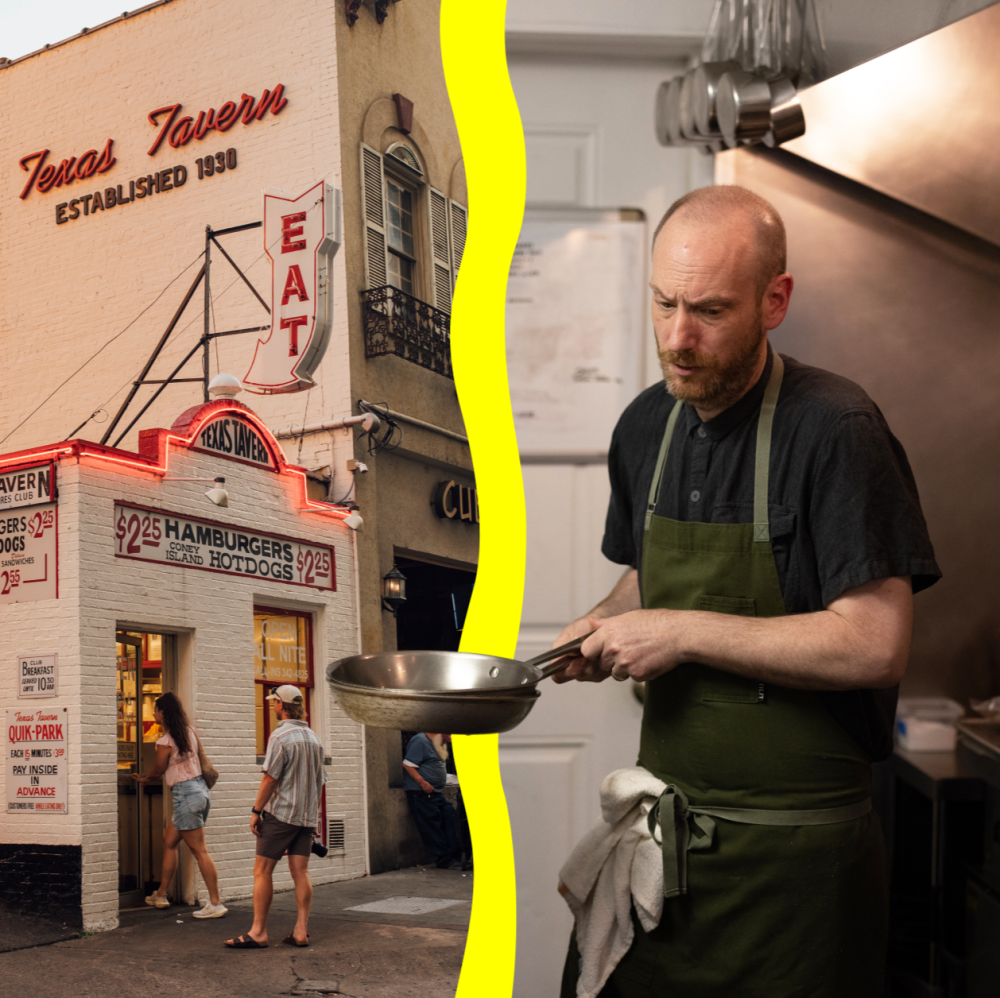 A collection of photos: Exterior of the Texas Tavern Restaurant and a cook preparing a meal