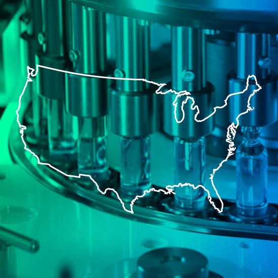 US map overlay on photography of pharmaceutical assembly line