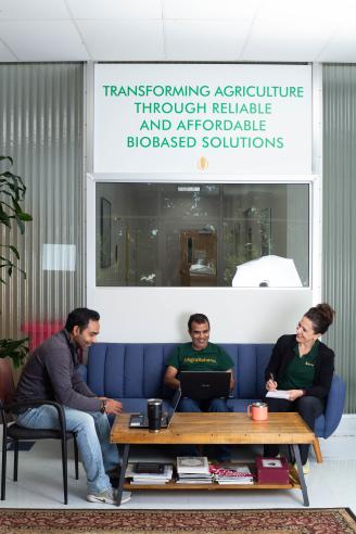 Three coworkers sitting on a couch