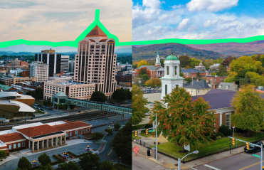 A collection of photographs showing skylines from two Virginia cities