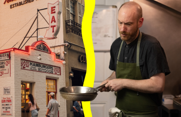 A collection of photos: Exterior of the Texas Tavern Restaurant and a cook preparing a meal