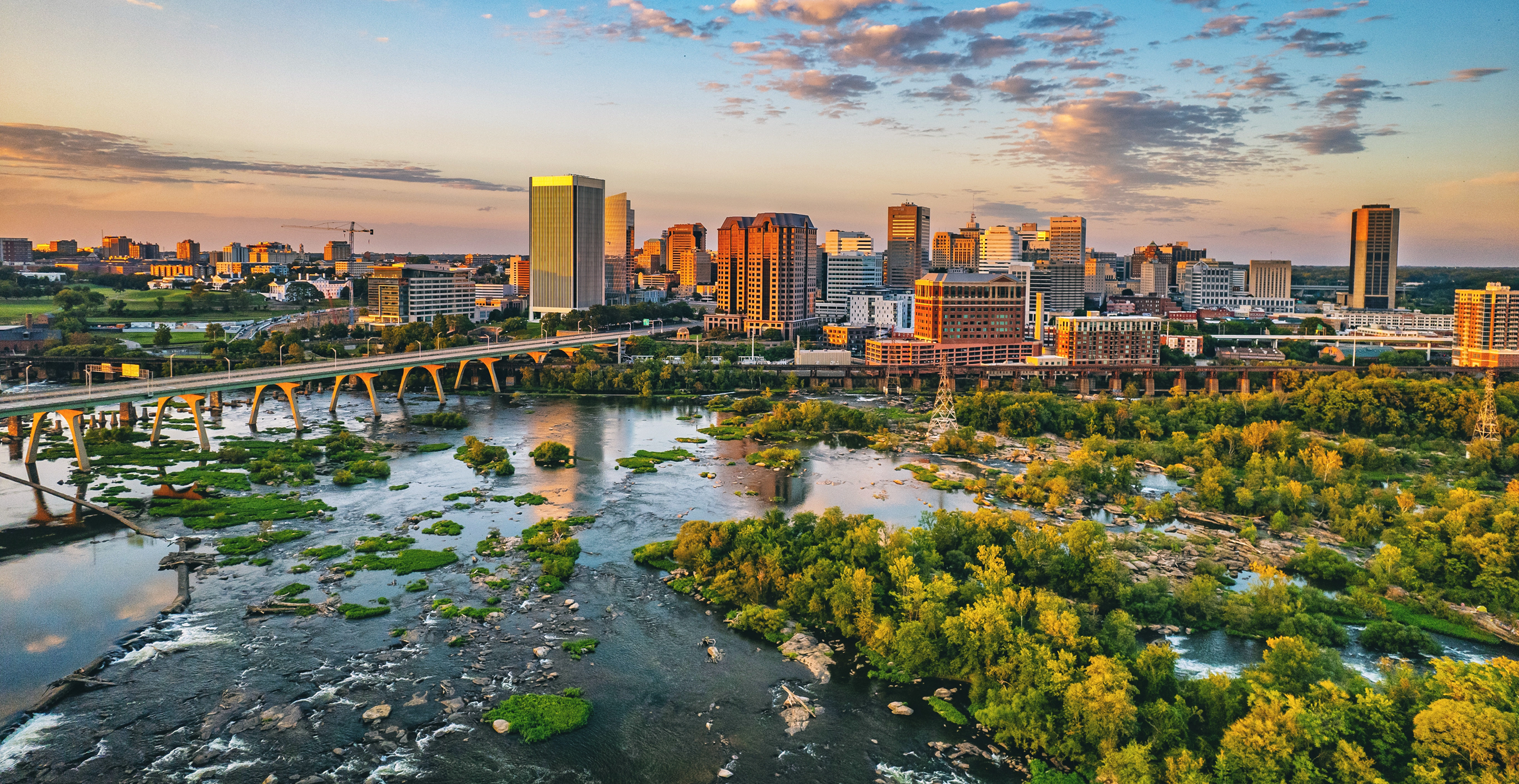 Richmond skyline and the James River at sunset