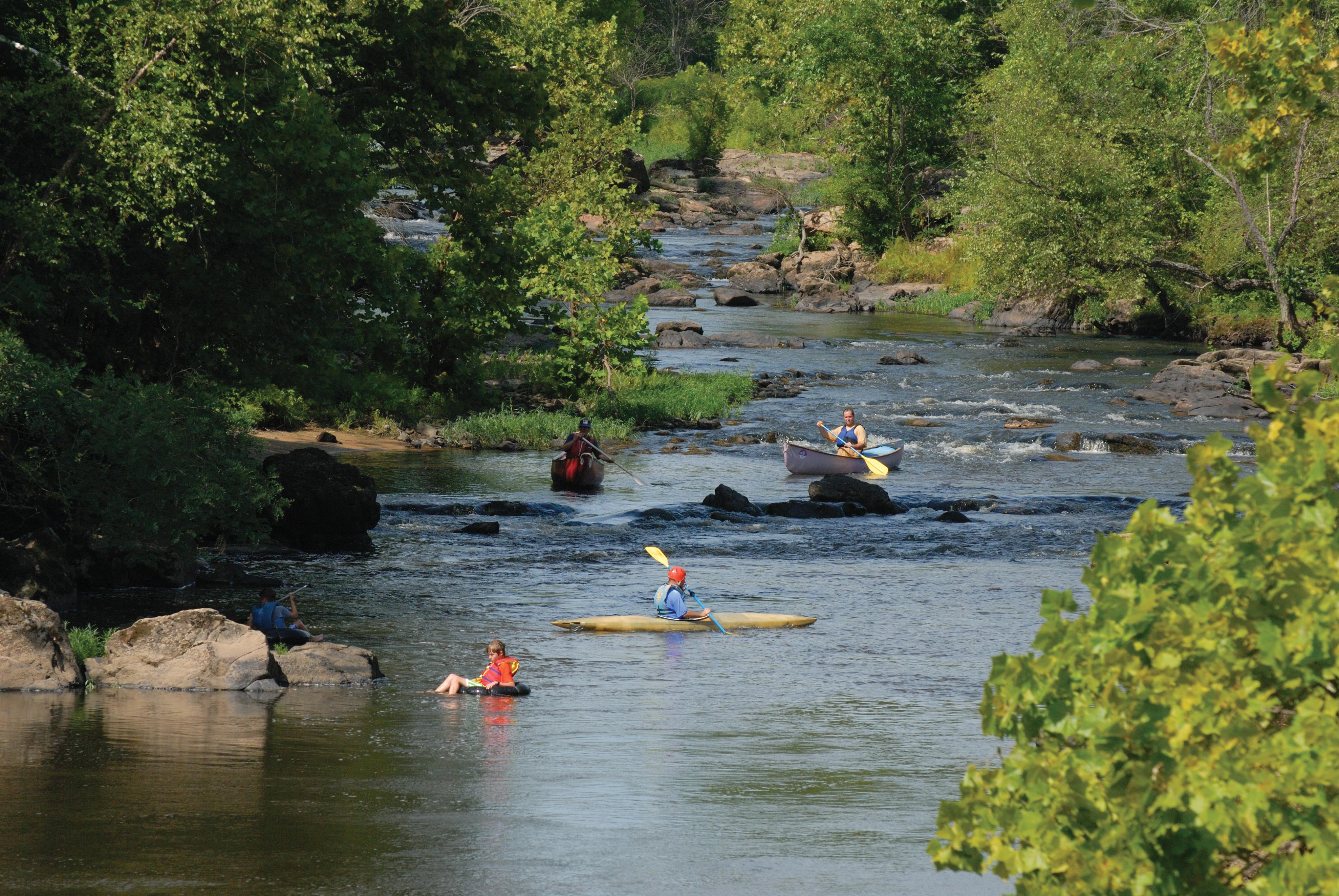 People paddle boarding and swimming in the Appomattox River. 
