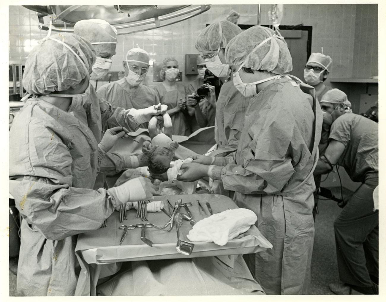 Black and white photo of first IVF birth 