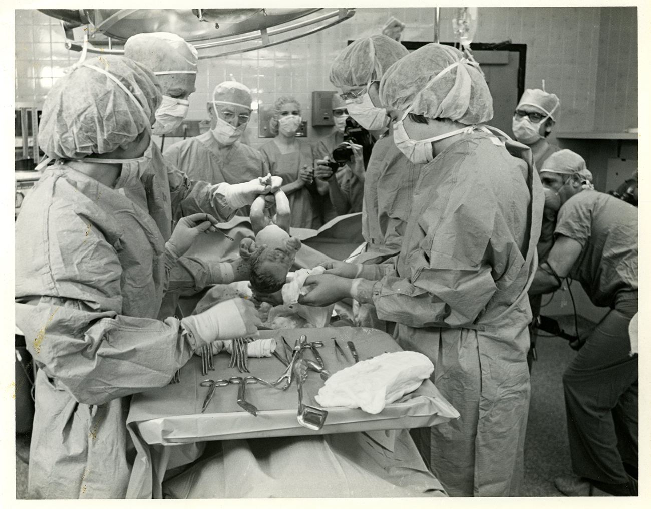 Black and white photo of first IVF birth 