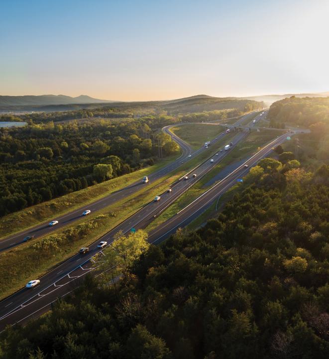 A sunrise view of an interstate highway