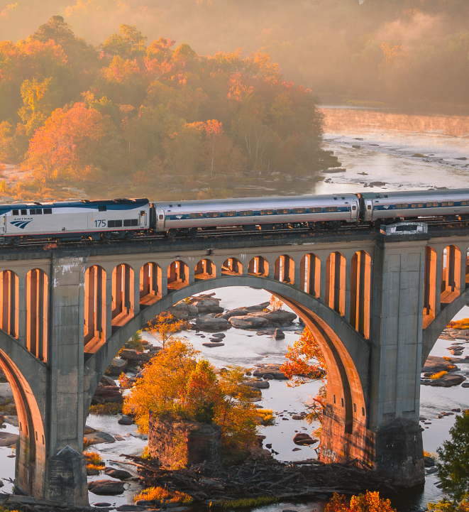 Train passing over a bridge in Richmond