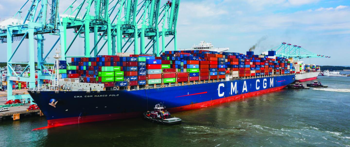 A container ship docked at a port