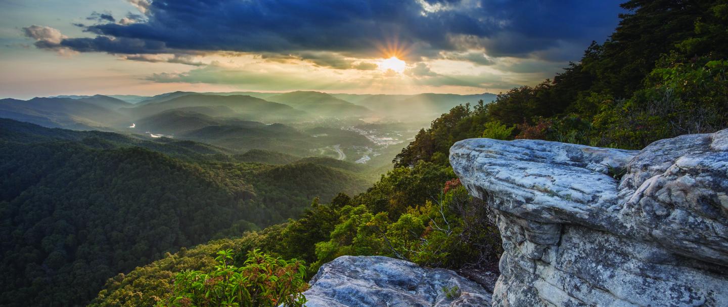A rocky mountain outcropping during the sunset