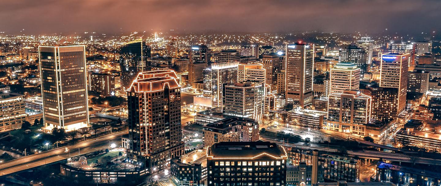 A city skyline at night