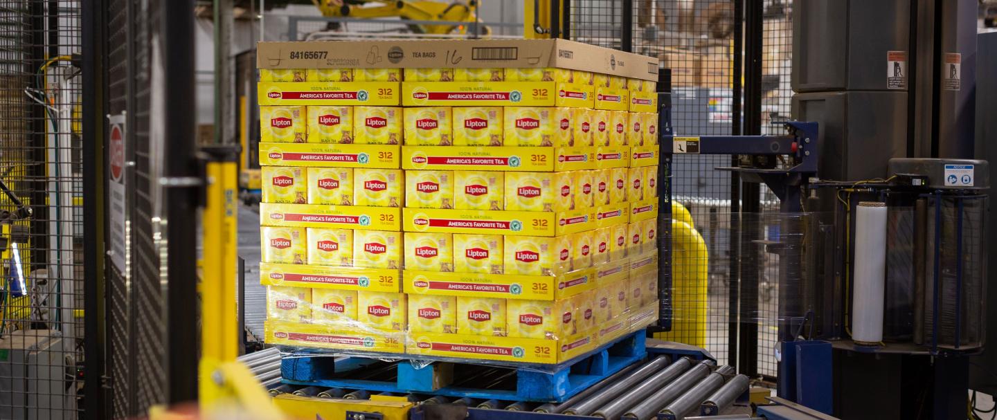 Boxes of tea on pallet at Lipton