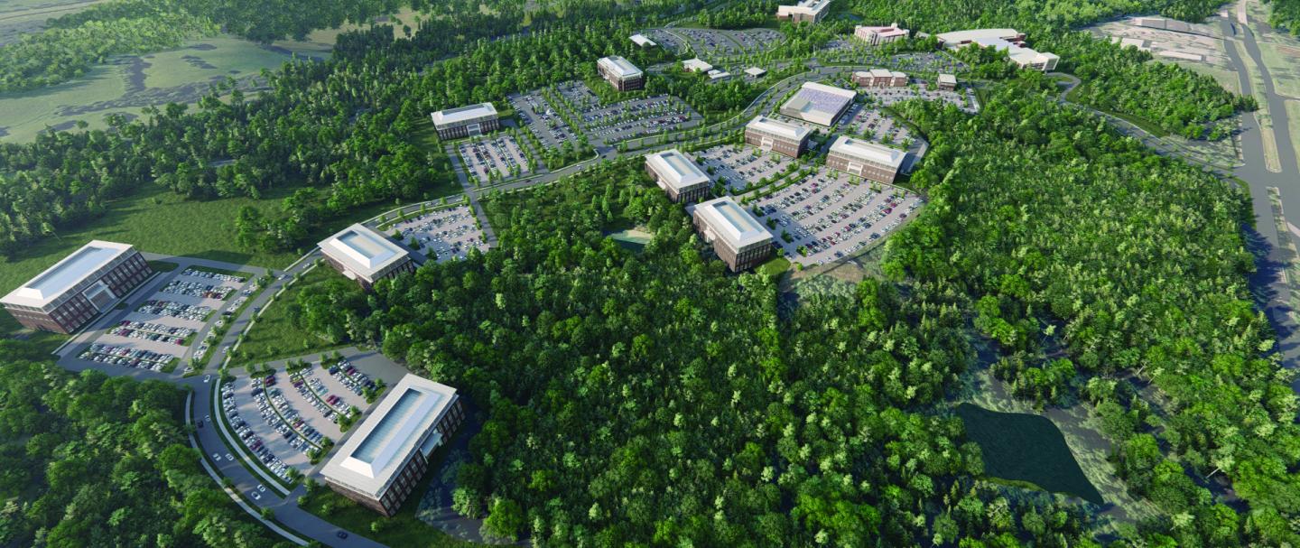 Aerial shot of the rendering of the Intelligence Community Innovation Acceleration Campus