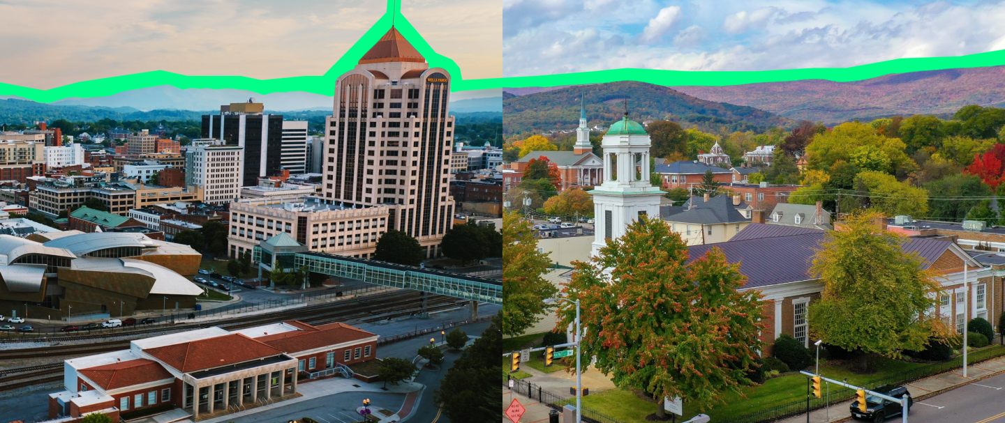 A collection of photographs showing skylines from two Virginia cities
