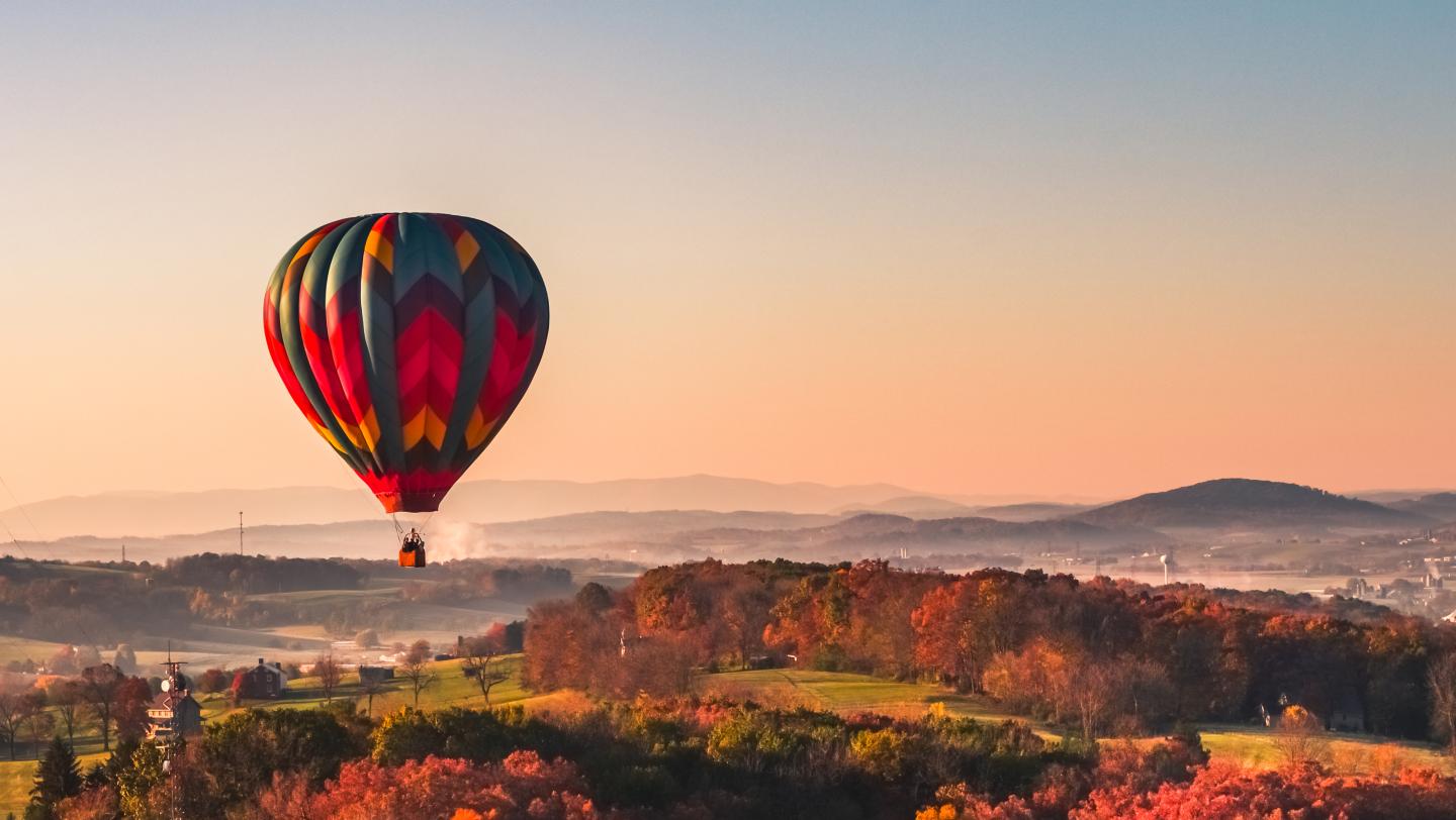 Hot Air Balloon in the sunset flying over trees