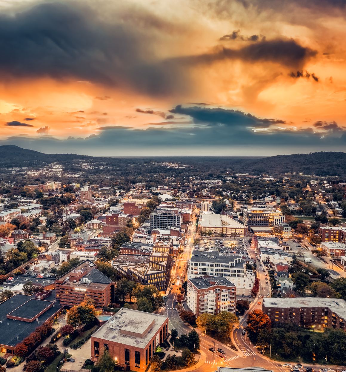Aerial image of Charlottesville, VA at Sunset