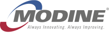 Grey Modine logo with blue and red half circles