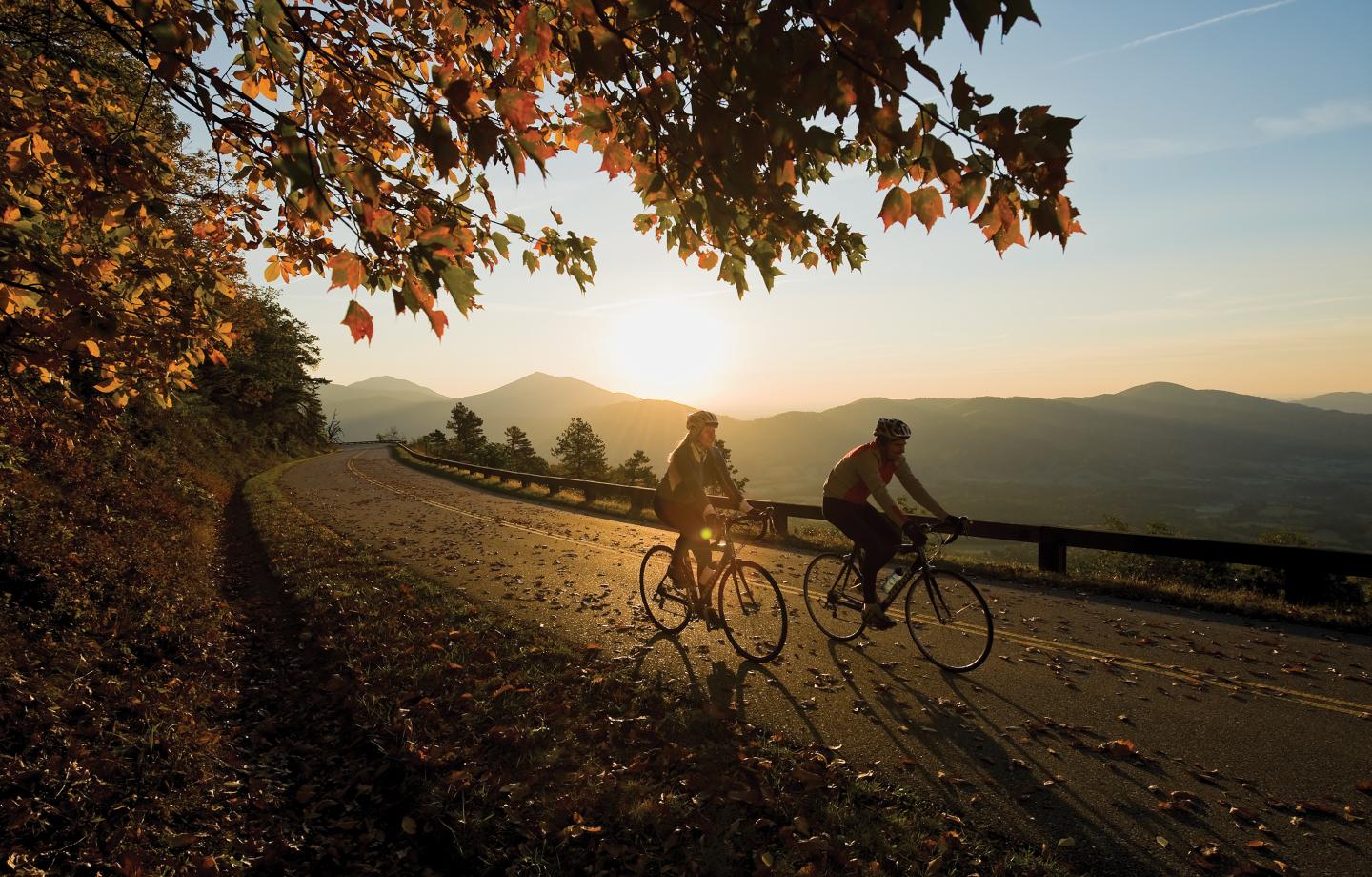Two cyclists ride on a road in Virginia's Blue Ridge Mountains