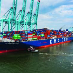 A container ship docked at a port