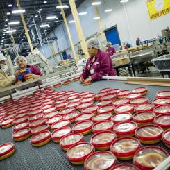 Two women and one man working on a machine organizing tubs of hummus