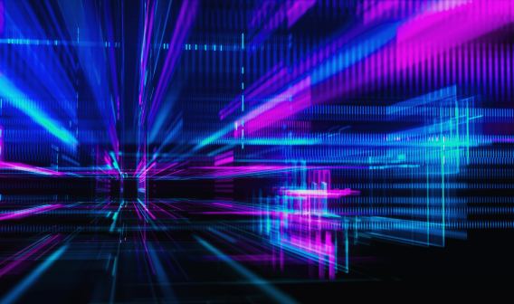Black, purple and blue digital light beams 