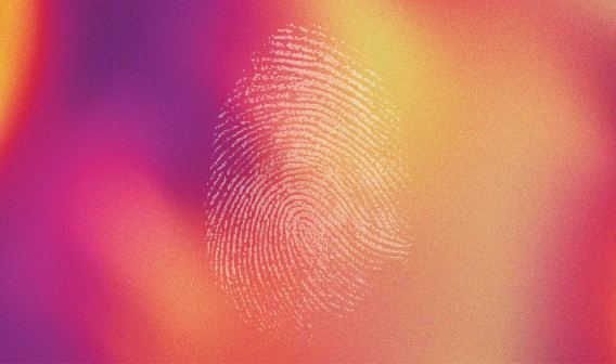 Pink, yellow, orange, thumbprint image for cybersecurity 