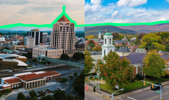 A collection of photographs showing skylines from two Virginia cities