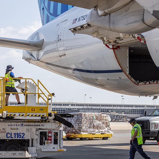 United Airlines plane and employee at Dulles