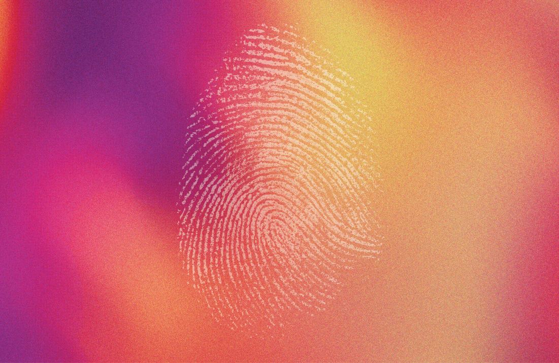 Pink, yellow, orange, thumbprint image for cybersecurity 