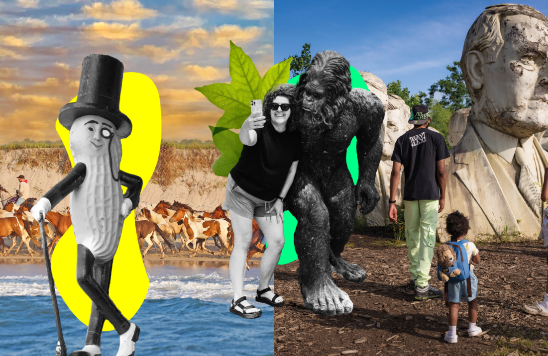 A collection of photographs: Mr. Peanut statue, Chincoteague Mural, Woodbooger and Presidents' Park.