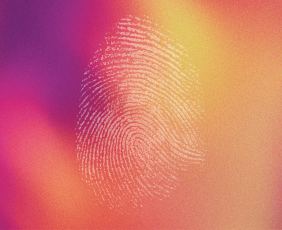 Pink, yellow, orange, thumbprint image for cybersecurity