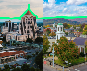 A collection of photographs showing skylines from two Virginia cities